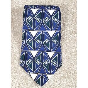 KETCH Men's Geometric Neck Tie  Navy Green and White Polyester 56.5"